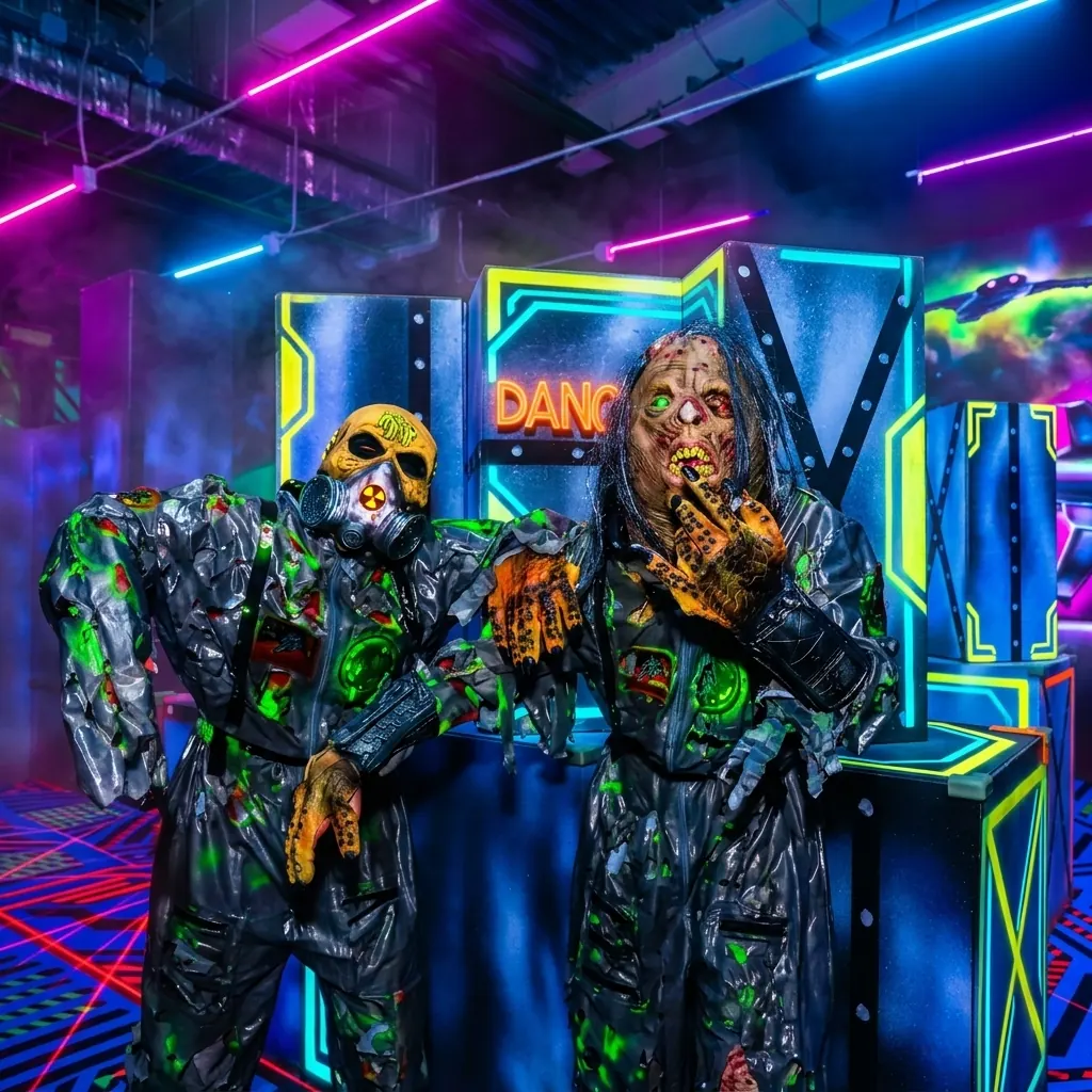 Актёры в образах зомби на неоновой лазертаг-арене LaserLand
