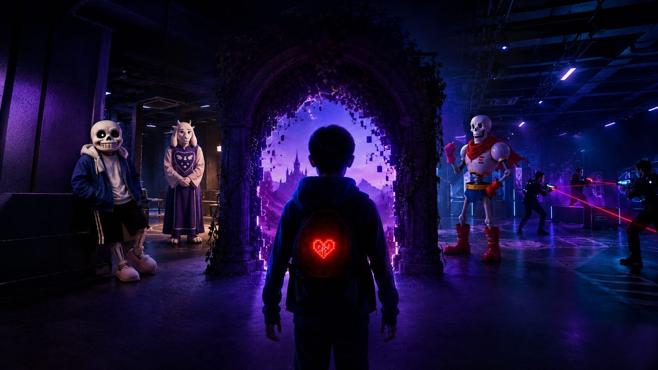 Undertale квест в LaserLand Гагаринский в Москве: герой перед пиксельным порталом, живые персонажи и лазертаг-арена